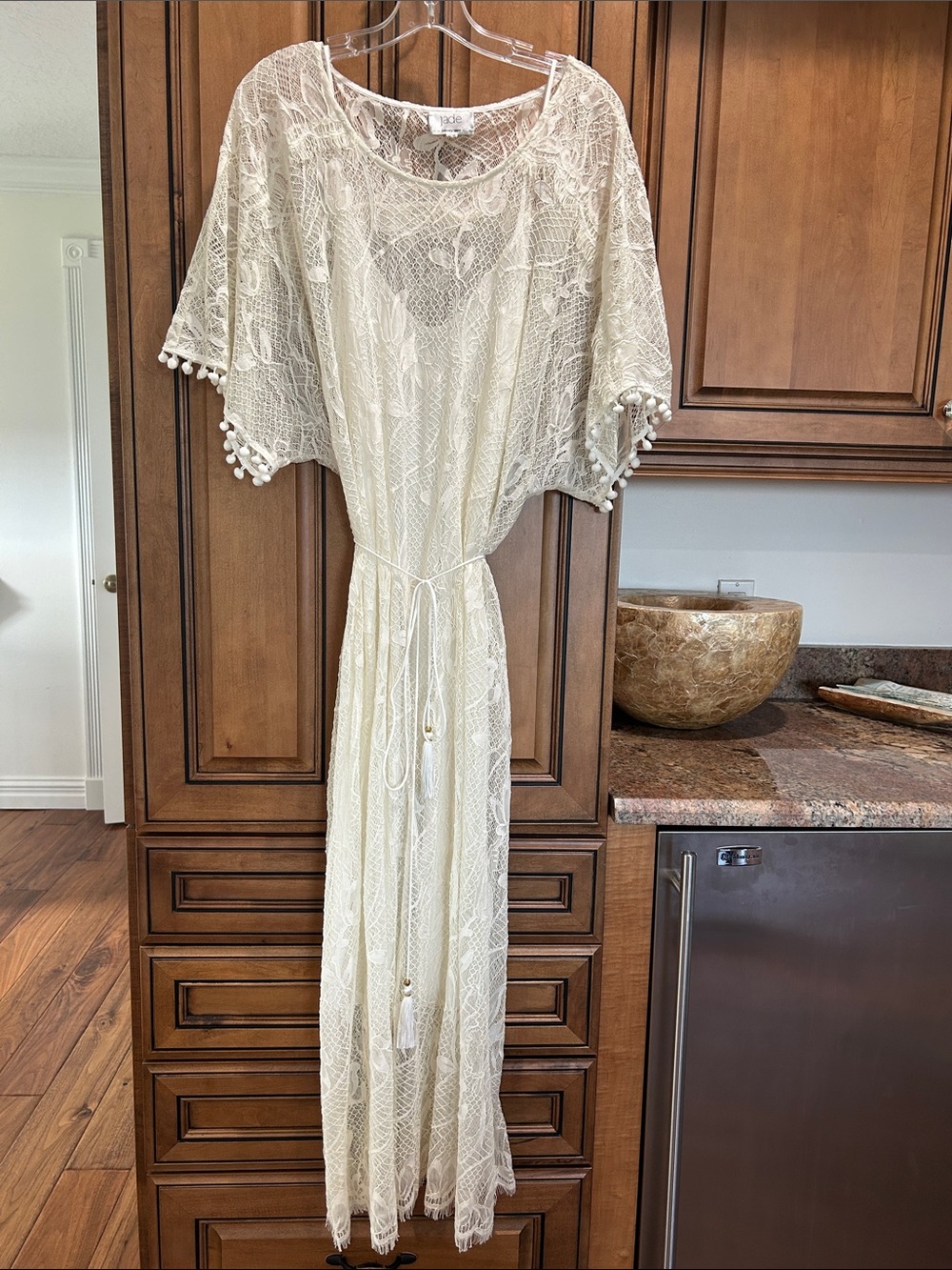 Jade by Johnny Was Cream Lace Maxi Dress with Pom-Pom Trim